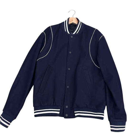 Zara Varsity Wool Bomber Jacket Dark Navy Size L - Picture 5 of 15